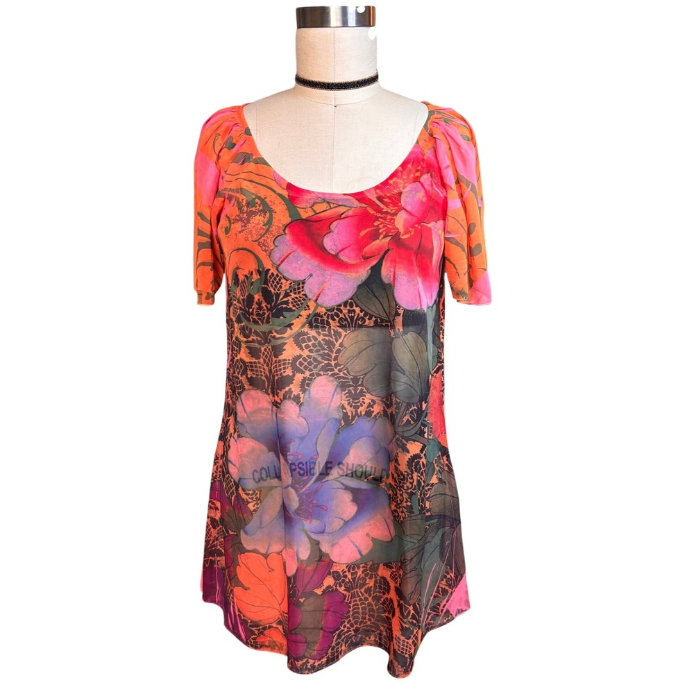 Floral Mesh Sheer Flutter Sleeve Daniel Benjamin Tunic Top S Orange Multi